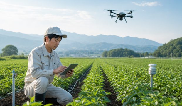 農地でドローンとタブレットを活用する次世代農業のイメージ